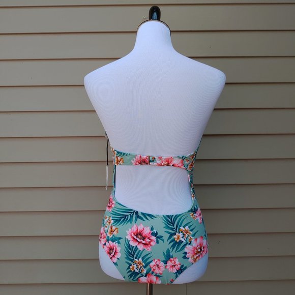 Shade & Shore One-Piece Bikini Green Floral Print NWT Underboob Cut-Out - Picture 9 of 14